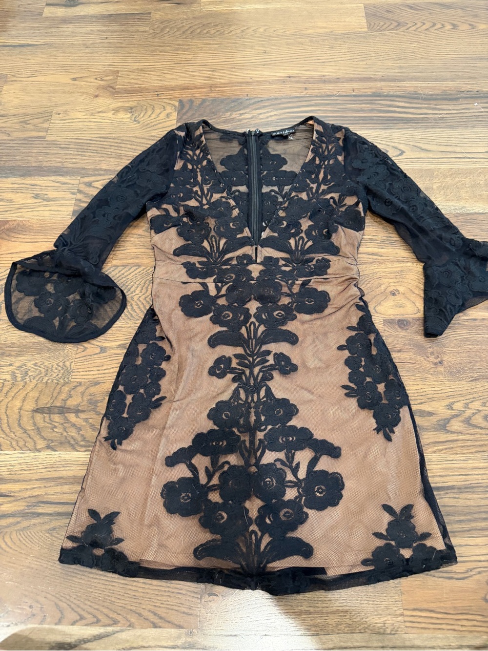 For Love & Lemons Black Floral Lace Overlay Dress with Nude Underlay